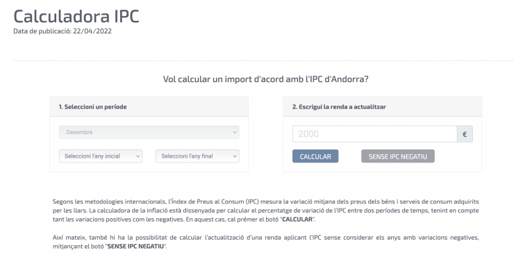 Una imatge de la calculadora de l'IPC que està disponible al web d'Estadística.